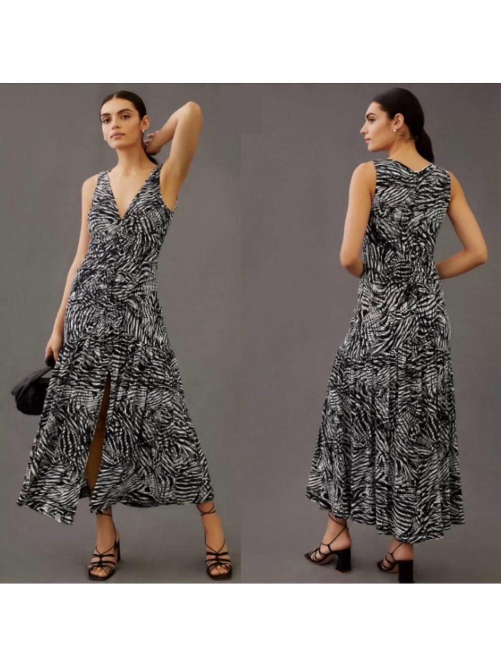 Anthropologie V-Neck Ruched Front Maxi Dress in Black 4